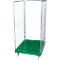 Metal roll container, green plastic floor and mesh walls. Four wheels.