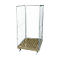 Metal cage trolley with open door and plastic floor on wheels.