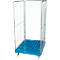 Blue rolling cart with mesh walls and white wheels.