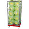 Roll container filled with packaged vegetables, enclosed with wire mesh and metal frame.