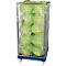 Metal trolley filled with plastic bags filled with vegetables. On wheels and with a grid structure.