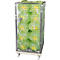 Metal cart with cage filled with packed vegetables in green plastic bags.