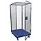 Metal cage trolley with blue base and door. Gray wheels. Neutral background.