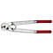 Cable cutter with red handles, detail view.