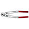 A cable cutter with red handles. The scissors are made of metal with various inscriptions.