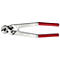 Metal cable cutter with red handles. Lettering can be seen on the silver tool. The cutting head is round.