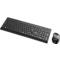 Black keyboard and mouse set. The keyboard has a standard layout with a numeric keypad. The mouse has an ergonomic shape.