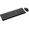 Black keyboard and mouse set. The keyboard has many keys. The mouse has a curved design.