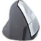 Ergonomic mouse in gray and silver. Vertical shape for comfortable grip. Upper half glossy, lower matte.