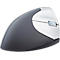 Ergonomic mouse in grey and silver. Vertical shape with buttons and scroll wheel.