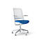 White office chair with a blue seat on a white background. It has wheels, armrests and a mesh back.