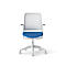 Office chair: White frame, dotted backrest, blue seat. Armrests, wheeled feet.