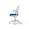 White office chair with blue seat and armrests, turned to the side.