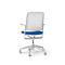 Rear view of a white office chair with a blue seat and gray, perforated mesh back. On a white background.