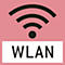 Wireless WLAN symbol in black on pink background; below it is WLAN in black font.