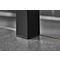 Close-up of a black table leg corner on a gray tiled floor.