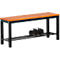 Shoe bench with wooden slats and black frame. Two dark shoes are on it.