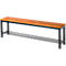 Wooden bench with brown wooden slats on black metal frame, two shelves below.
