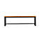 Long wooden bench with black metal legs on a white background.
