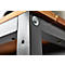 Close-up of a corner of a black metal table. Wooden top, screwed together with silver screws.