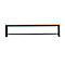 Long wooden bench with black metal legs, isolated on a white background.