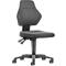 A black office chair with wheels, adjustable armrests, and an ergonomic backrest.