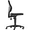 Black office chair in profile. Backrest with grey insert, seat and armrests black, on castors.