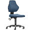 Blue office chair, adjustable with wheels. The chair has a curved backrest and seat. The base is black.
