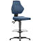 Blue work chair with backrest, seat, and footrest. The chair is height-adjustable and stands on a black base.