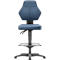 Blue, height-adjustable swivel stool, detailed view.