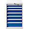 White cabinet with blue interior and white shelves.