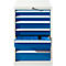White and blue tool cabinet with a drawer pulled out, revealing blue interior compartments.