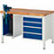 Workbench with wooden top, blue drawers, and a vise.