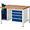 Workbench with wooden top, blue drawers, and vise.