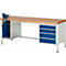 Workbench with wooden top, blue drawers and a vise.