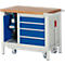 Workbench with wooden top, drawers, wheels and blue cabinet.