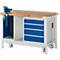 Workbench with blue workbench, wooden top, blue drawers and vice.