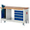 Workbench with wooden top, vise, drawers, and wheels. Gray metal frame, blue accents.