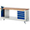 Workbench with wooden top, blue drawers, and a vice. It stands on rollers.
