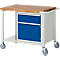 Mobile workbench with wooden top and blue drawers on wheels.