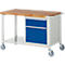 Work bench with wooden top, blue drawers, white frame and castors.