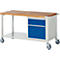 Work bench with wooden top, blue drawers and wheels.