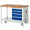 Workbench with wooden top, blue drawers, wheels, and red handle.