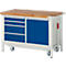 Workbench with wooden top, drawers and door. Blue body, white frame and castors.