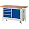Workbench with wooden top, blue drawers, blue door and wheels.