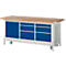 Workbench with blue drawers, wooden top, steel frame on wheels.