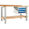 Workbench with wooden top, gray metal legs, three blue drawers and a shelf.