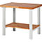 Wooden table with white metal frame. The table top and bottom shelf are made of wood. There is a frame with four legs.