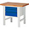 Workbench with wooden top, blue drawer compartment and white frame.