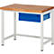 Workbench with wooden top, blue drawer and white frame. Visible in detail.